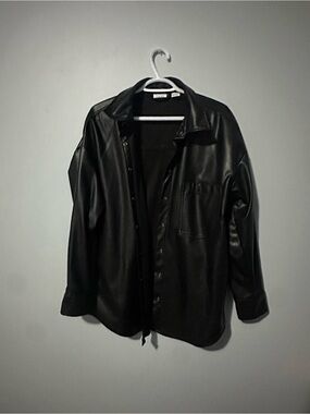 Black Faux Leather Button-Up Jacket - Women